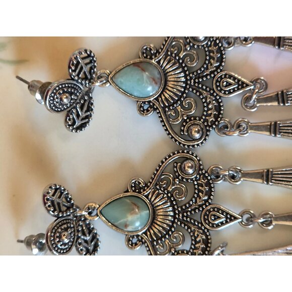 Georgian-Inspired Silver & Turquoise Dangle Chandelier Earrings - Picture 2 of 5